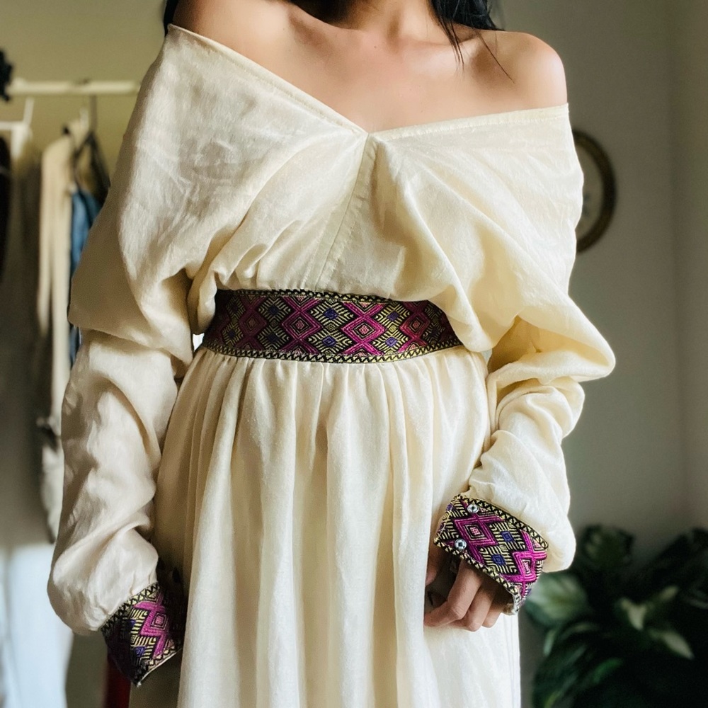 Vintage Cream Midi Dress with Pink Accents